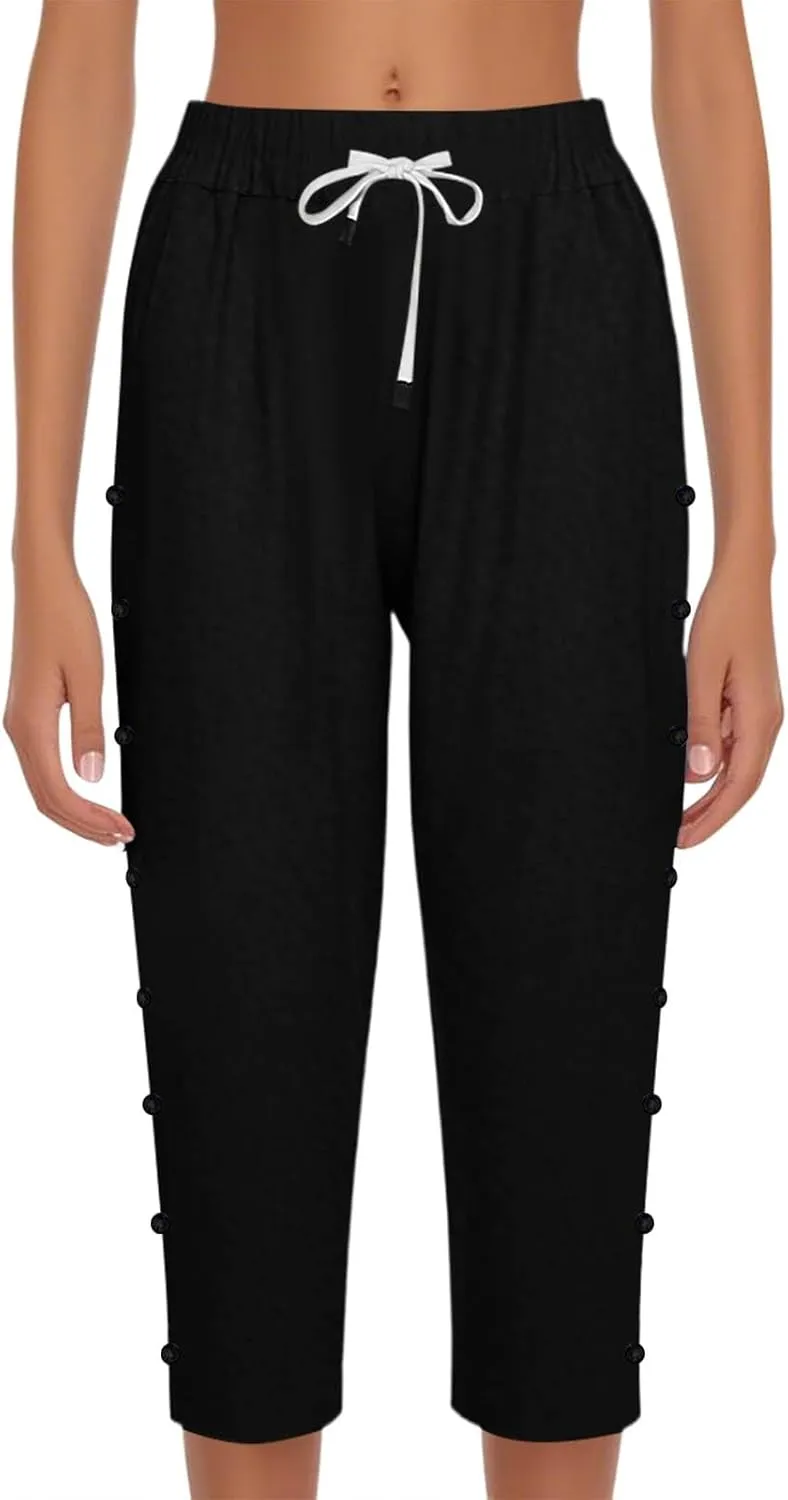 fanmpghleoo Linen Capris for Women Cropped Drawstring Linen Striped Pants Loose Fit Comfy Wide Leg Lounge Pants with Pockets