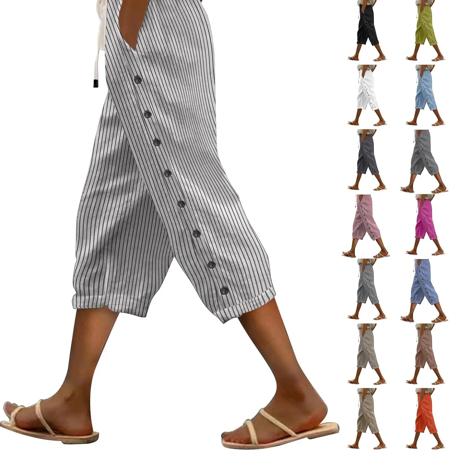 fanmpghleoo Linen Capris for Women Cropped Drawstring Linen Striped Pants Loose Fit Comfy Wide Leg Lounge Pants with Pockets