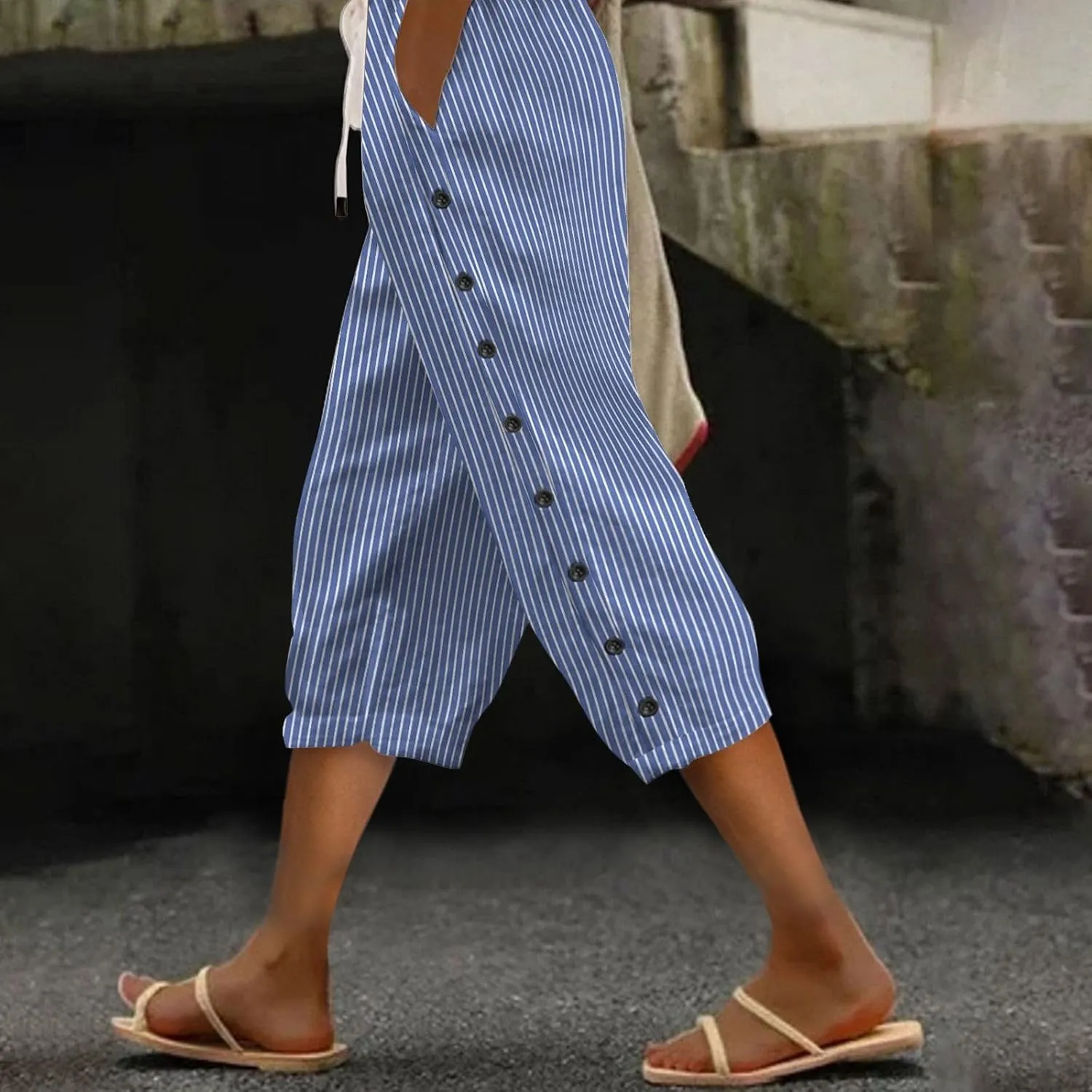 fanmpghleoo Linen Capris for Women Cropped Drawstring Linen Striped Pants Loose Fit Comfy Wide Leg Lounge Pants with Pockets