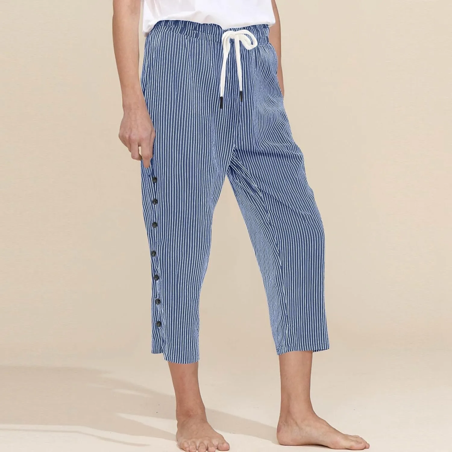 fanmpghleoo Linen Capris for Women Cropped Drawstring Linen Striped Pants Loose Fit Comfy Wide Leg Lounge Pants with Pockets