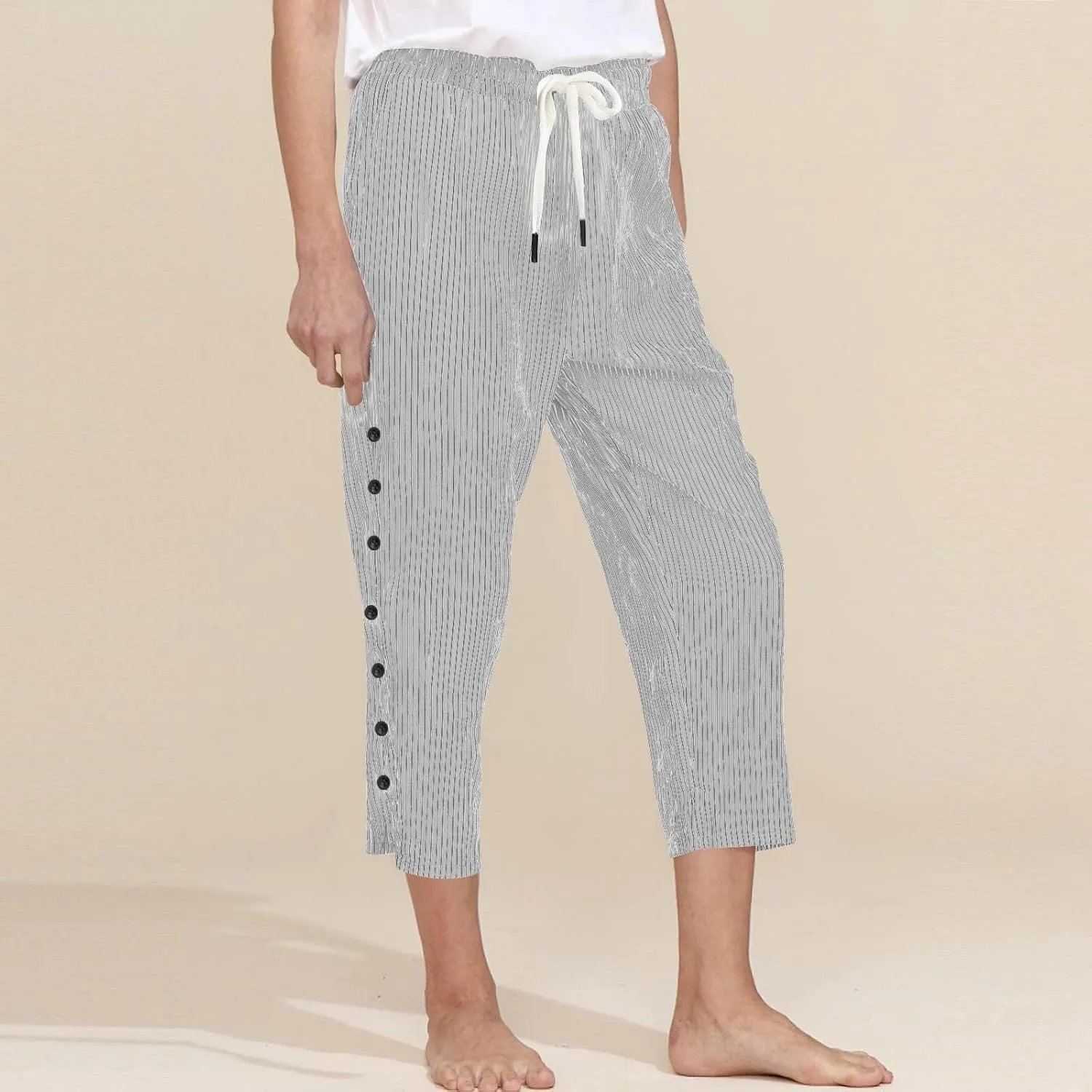 fanmpghleoo Linen Capris for Women Cropped Drawstring Linen Striped Pants Loose Fit Comfy Wide Leg Lounge Pants with Pockets