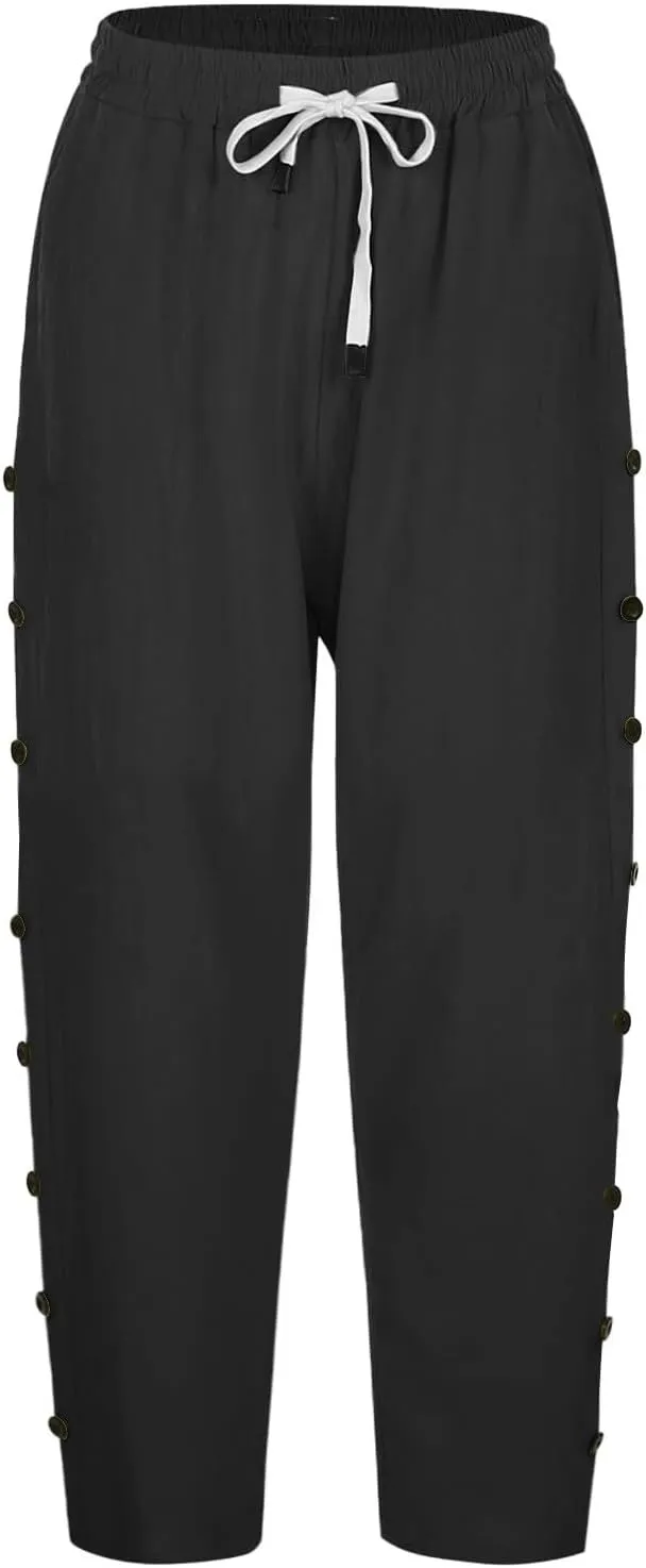 fanmpghleoo Linen Capris for Women Cropped Drawstring Linen Striped Pants Loose Fit Comfy Wide Leg Lounge Pants with Pockets