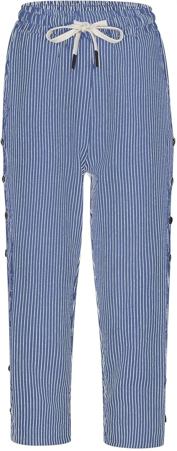 fanmpghleoo Linen Capris for Women Cropped Drawstring Linen Striped Pants Loose Fit Comfy Wide Leg Lounge Pants with Pockets