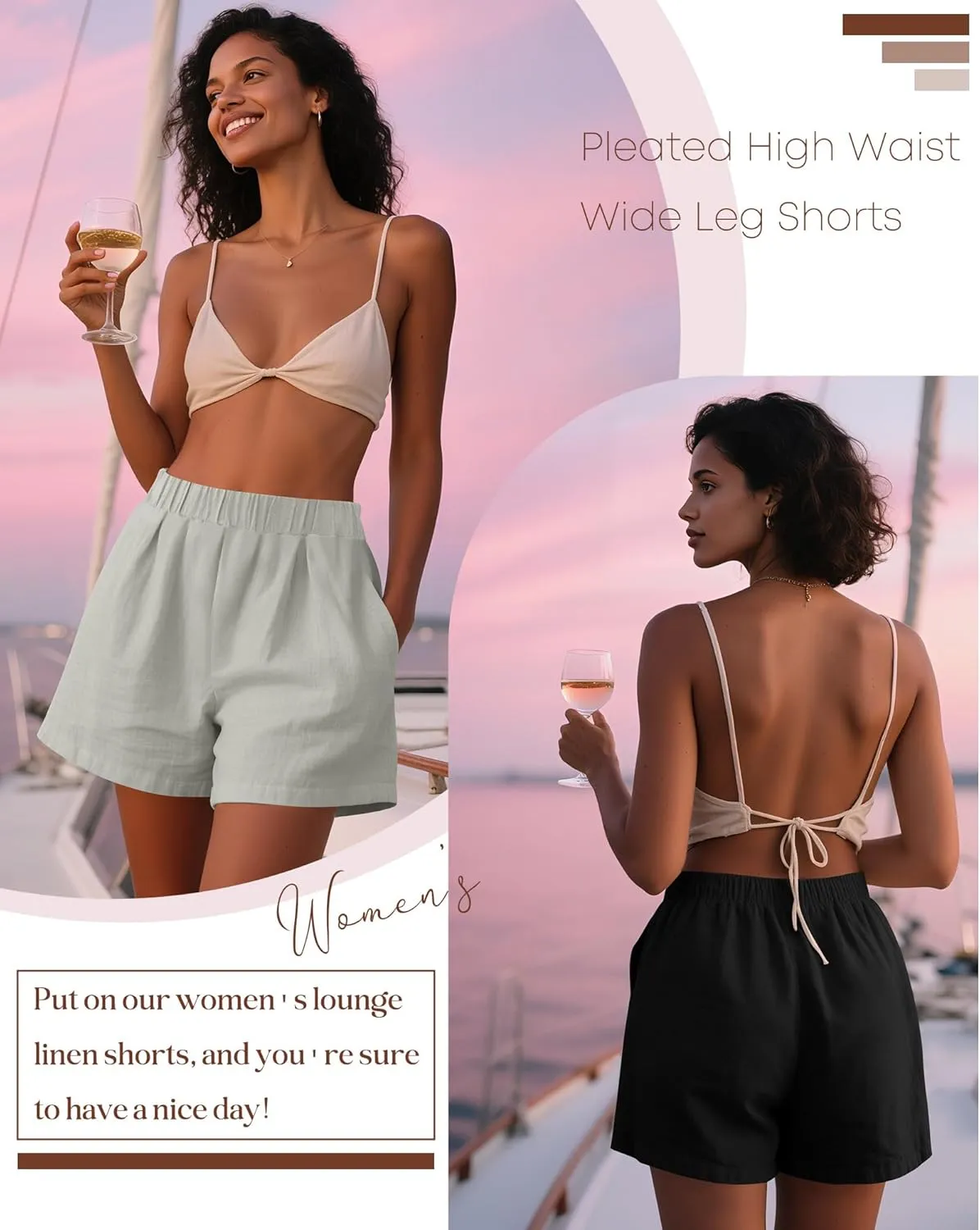 Ficerd 3 Pack Women's Casual Linen Shorts,Pleated High Waist Wide Leg Summer Elastic Comfy Trendy Shorts with Pockets