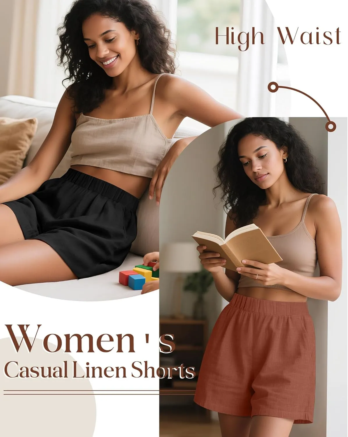 Ficerd 3 Pack Women's Casual Linen Shorts,Pleated High Waist Wide Leg Summer Elastic Comfy Trendy Shorts with Pockets