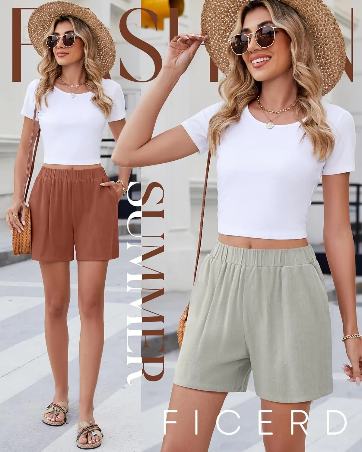 Ficerd 3 Pack Women's Casual Linen Shorts,Pleated High Waist Wide Leg Summer Elastic Comfy Trendy Shorts with Pockets