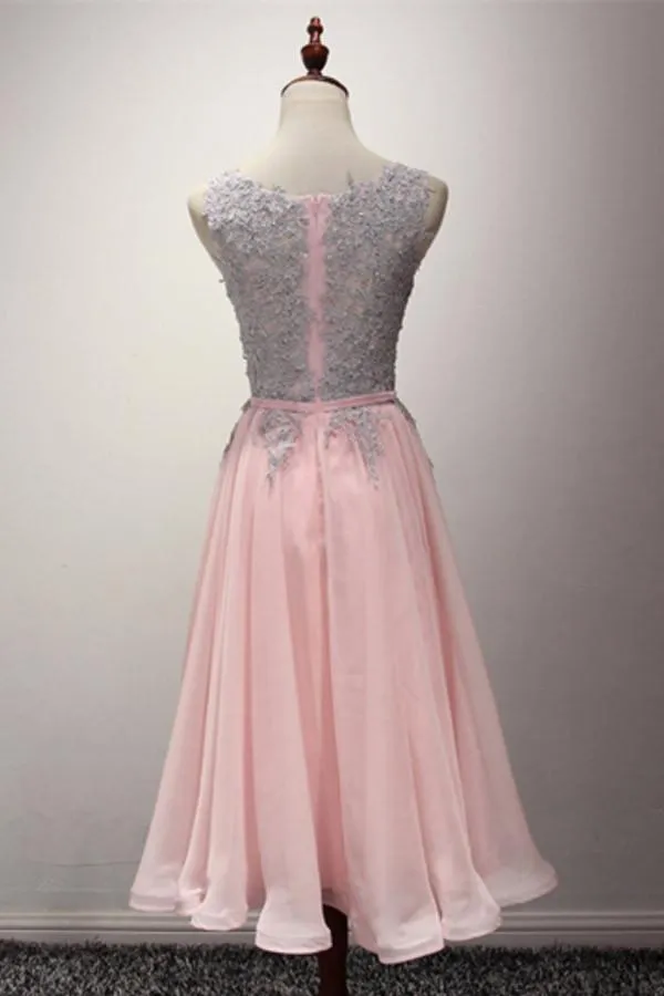 Flowy Pink A-line Lace Chiffon Homecoming Dress
