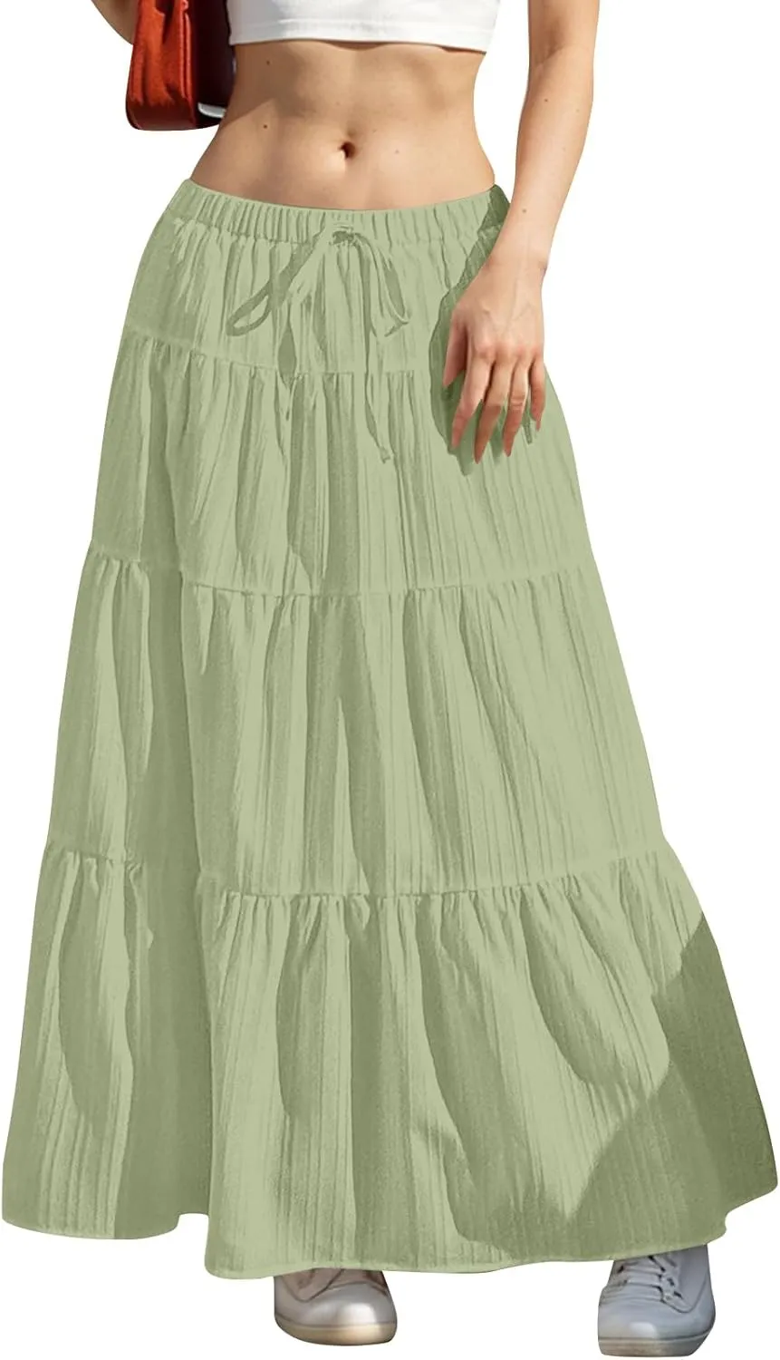 hlysgo Beach Skirts for Women Casual Loose Fit Drawstring Waist Peplum Maxi Skirt 2025 Summer Boho Tiered Vacation Skirts