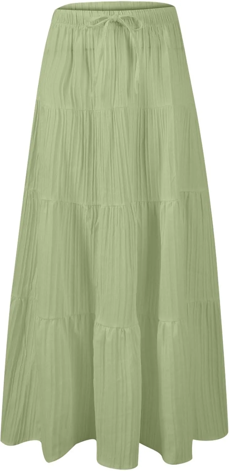 hlysgo Beach Skirts for Women Casual Loose Fit Drawstring Waist Peplum Maxi Skirt 2025 Summer Boho Tiered Vacation Skirts
