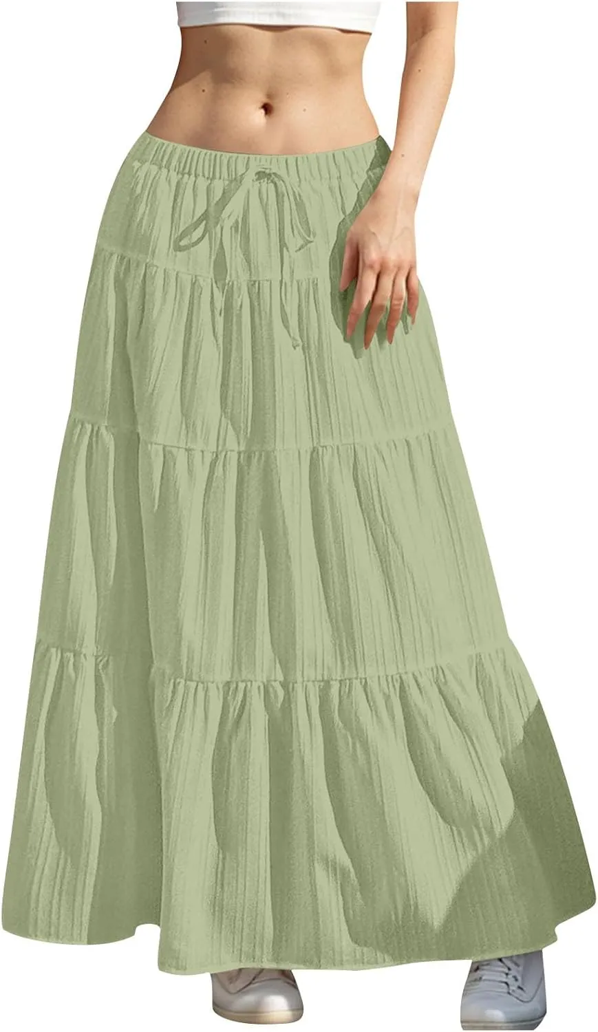 hlysgo Beach Skirts for Women Casual Loose Fit Drawstring Waist Peplum Maxi Skirt 2025 Summer Boho Tiered Vacation Skirts