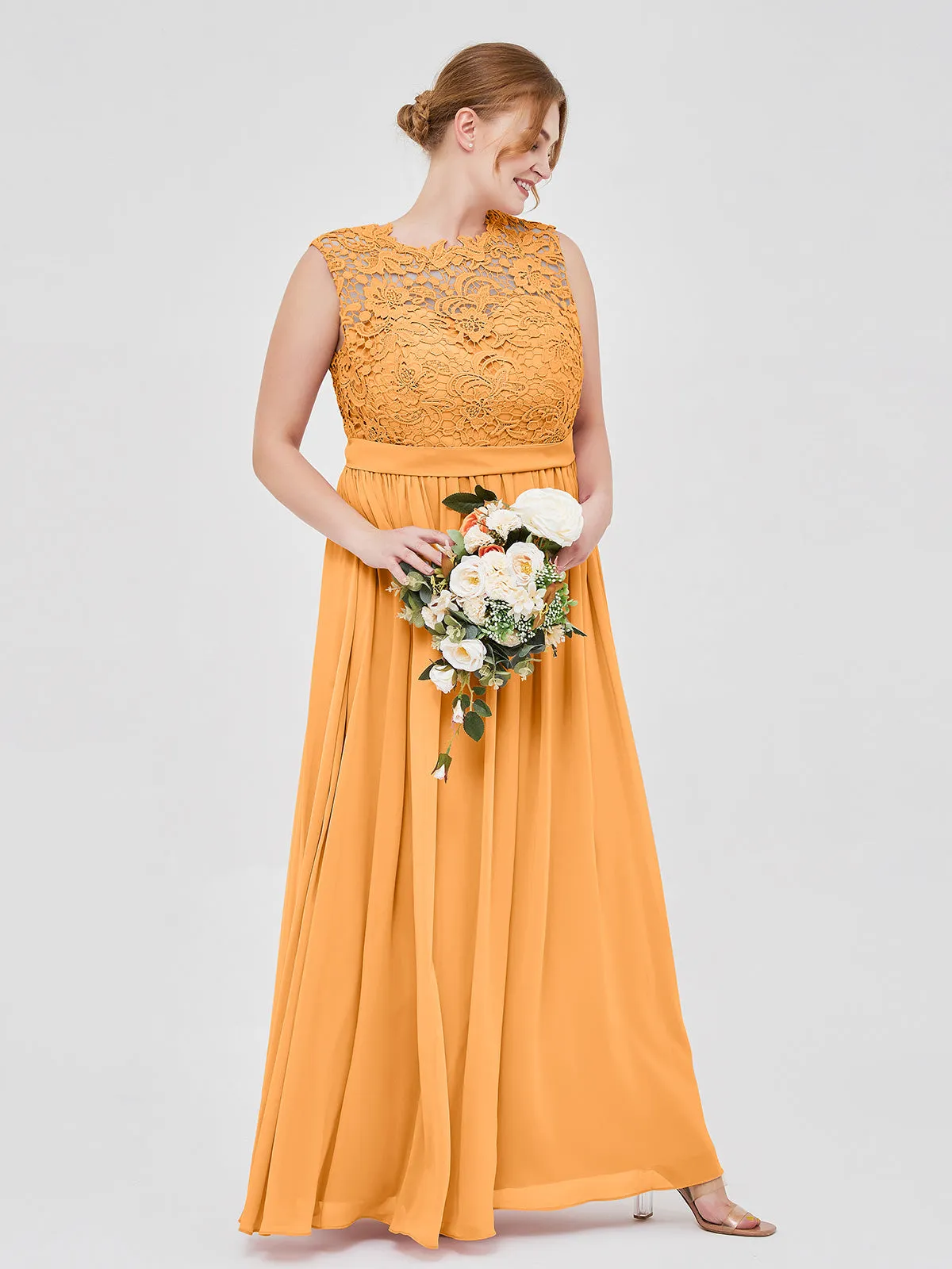 Illusion Neck Chiffon and Lace Dresses Tangerine
