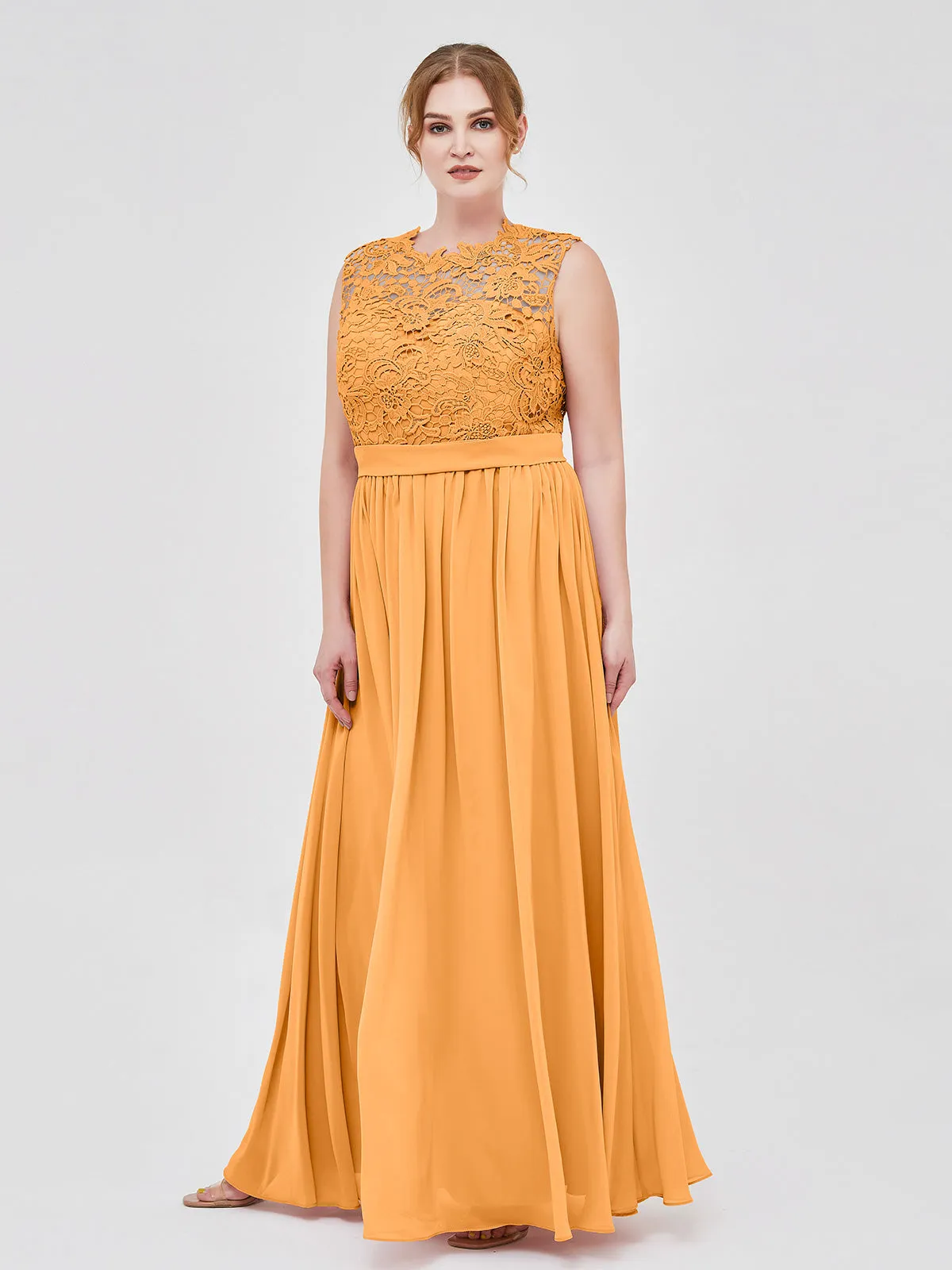 Illusion Neck Chiffon and Lace Dresses Tangerine