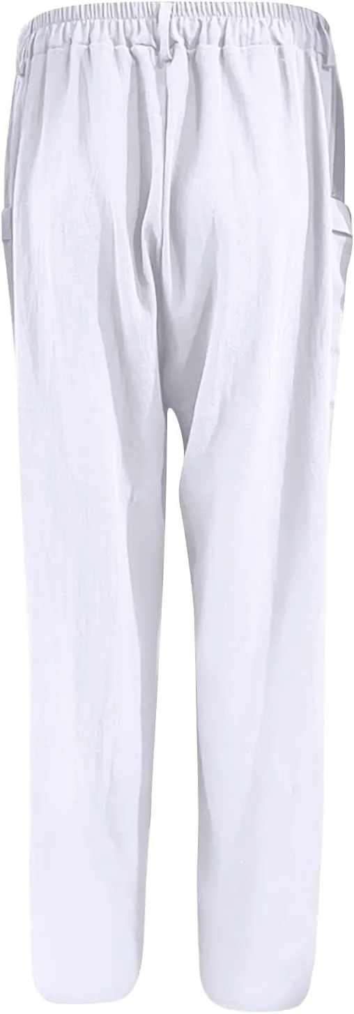 JOAU Womens Casual High Waisted Relaxed Fit Pants Button Up Straight Leg Trousers with Pockets Summer Cotton Linen Pants