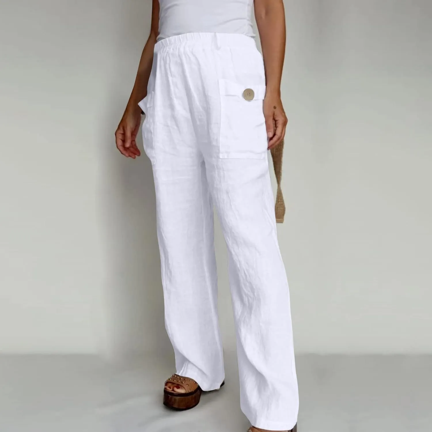 JOAU Womens Casual High Waisted Relaxed Fit Pants Button Up Straight Leg Trousers with Pockets Summer Cotton Linen Pants