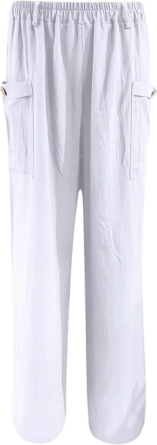 JOAU Womens Casual High Waisted Relaxed Fit Pants Button Up Straight Leg Trousers with Pockets Summer Cotton Linen Pants