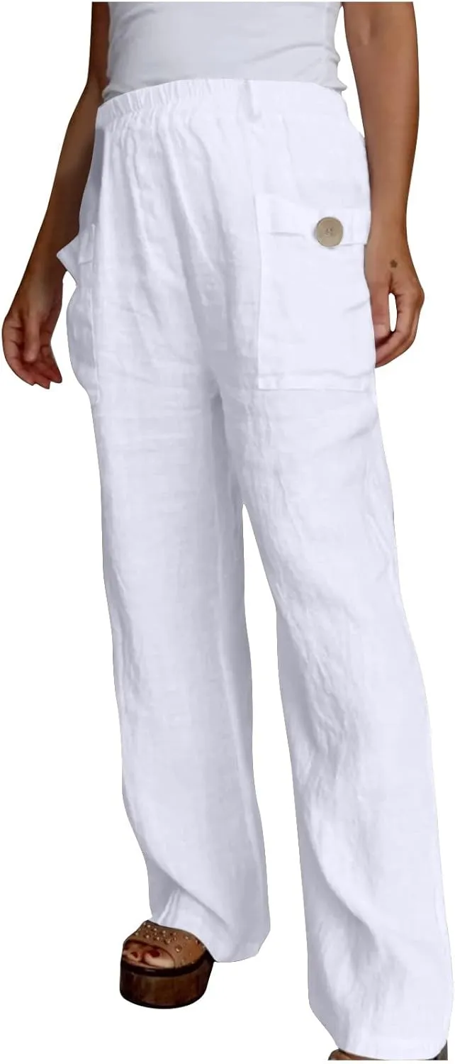 JOAU Womens Casual High Waisted Relaxed Fit Pants Button Up Straight Leg Trousers with Pockets Summer Cotton Linen Pants