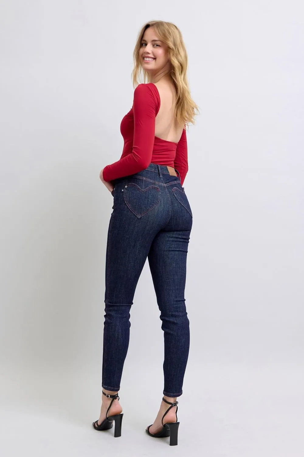 Judy Blue High-Waisted Heart-Shaped Back Pocket Skinny Jeans - Stretchy, Comfortable Fit for All-Day Wear -88916