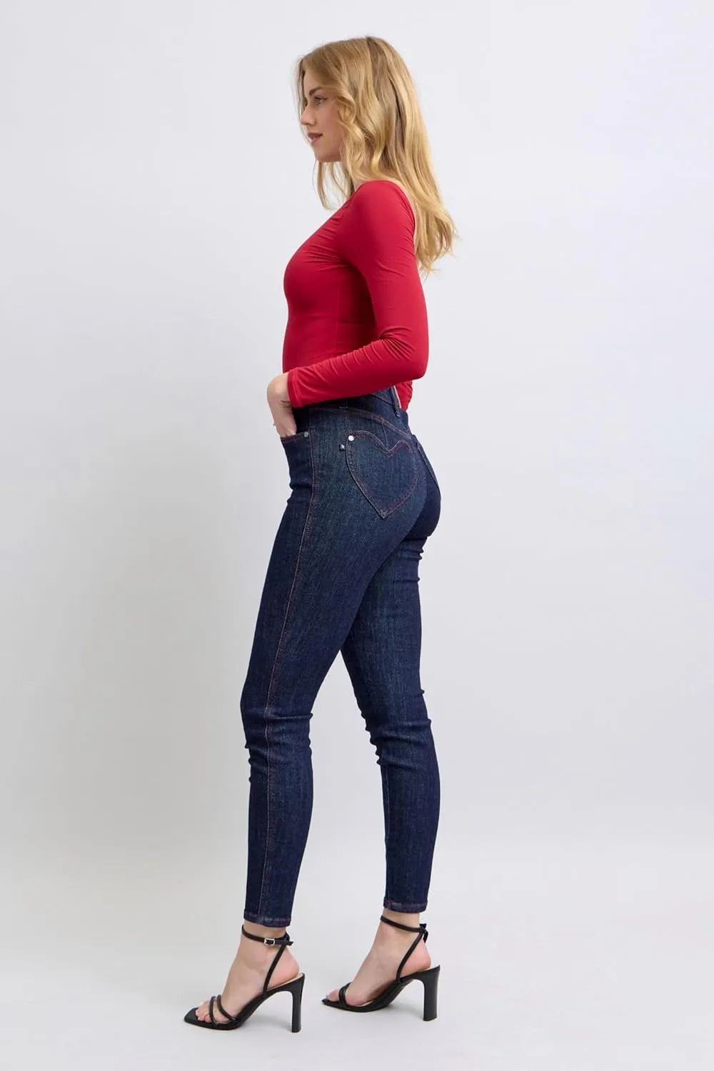 Judy Blue High-Waisted Heart-Shaped Back Pocket Skinny Jeans - Stretchy, Comfortable Fit for All-Day Wear -88916
