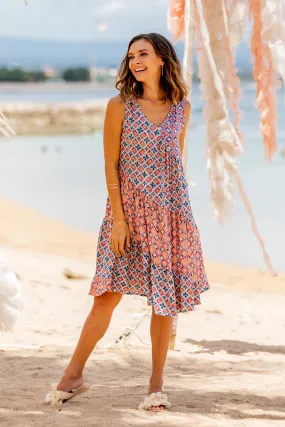 Kelud Crisscross Chili and Azure Printed Rayon Knee-Length Sundress from Bali