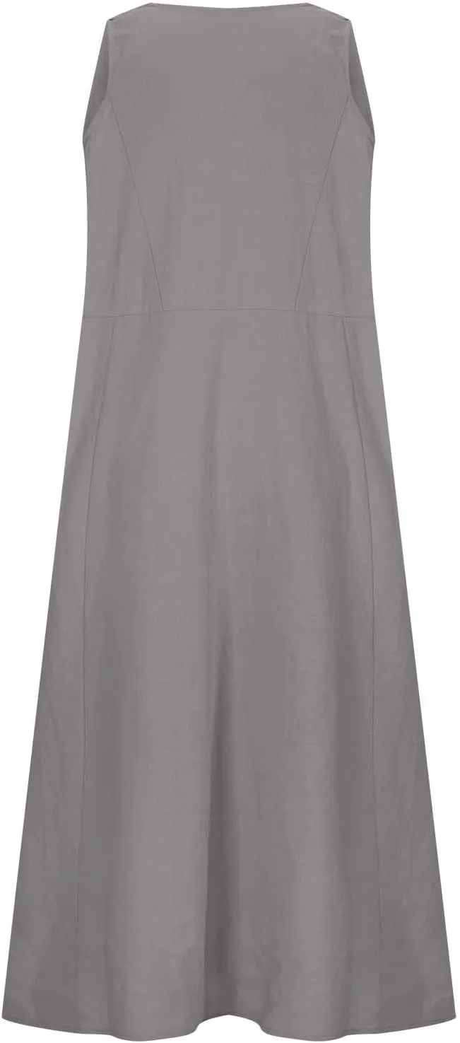 LEMONONSTORE Tank Dress for Women Retro Linen Summer Sleeveless Solid Casual Flowy Maxi Dresses Beach Sundress with Pockets