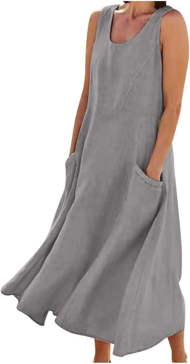 LEMONONSTORE Tank Dress for Women Retro Linen Summer Sleeveless Solid Casual Flowy Maxi Dresses Beach Sundress with Pockets