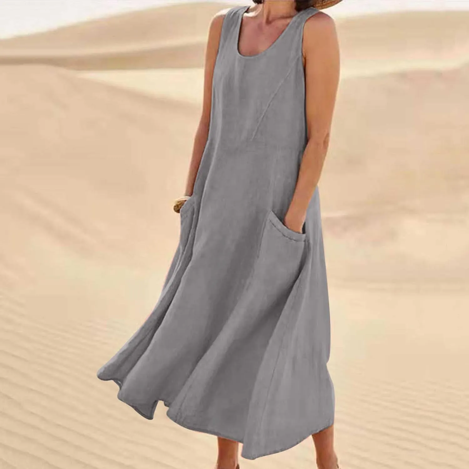 LEMONONSTORE Tank Dress for Women Retro Linen Summer Sleeveless Solid Casual Flowy Maxi Dresses Beach Sundress with Pockets