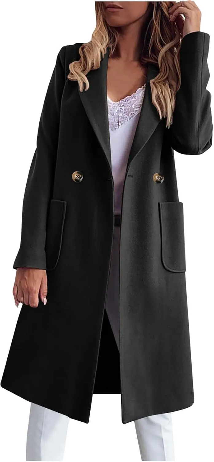 Long Jackets for Women Trendy Open Front Jacket Double Breasted Outwear Casual Winter Trench Coat with Pocket