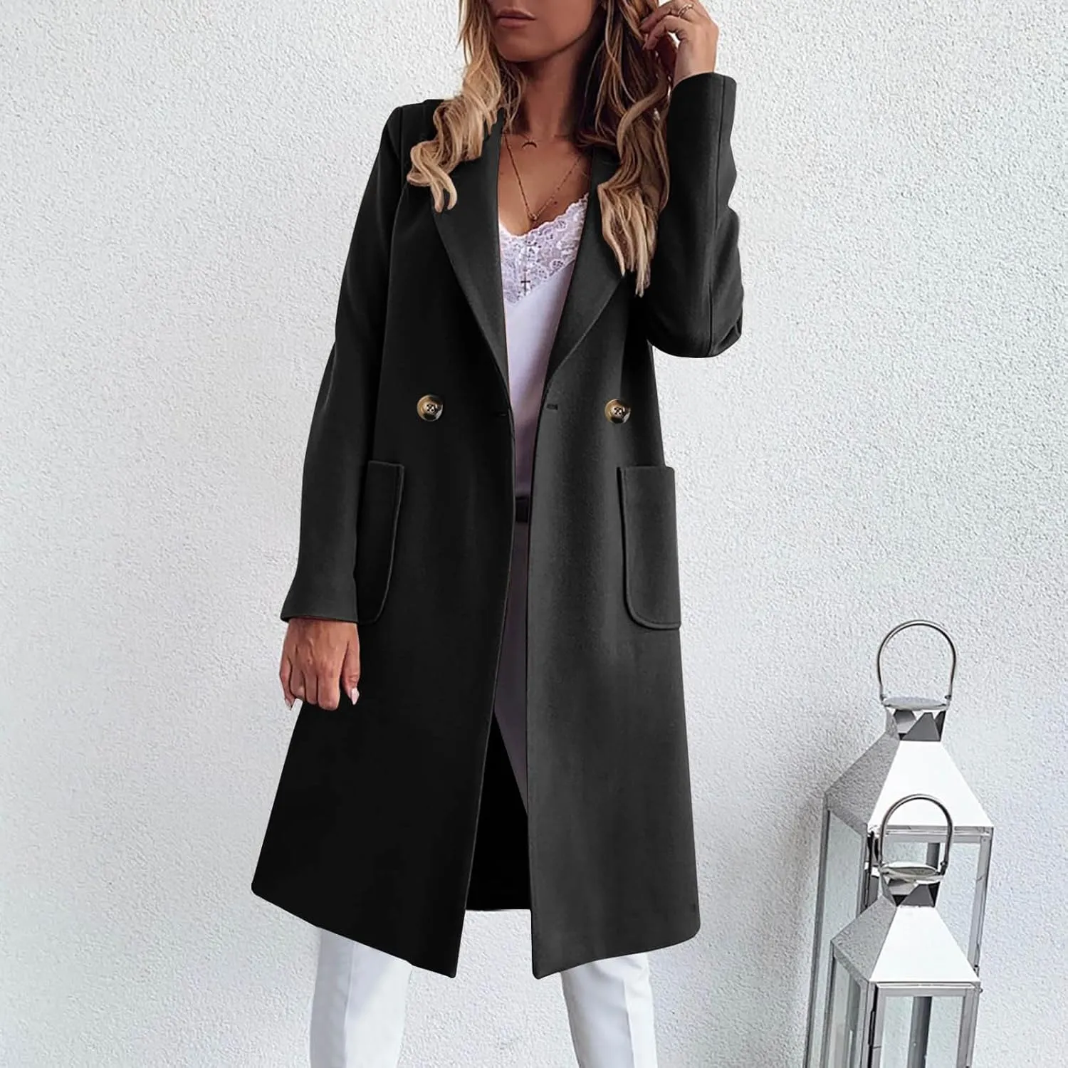 Long Jackets for Women Trendy Open Front Jacket Double Breasted Outwear Casual Winter Trench Coat with Pocket