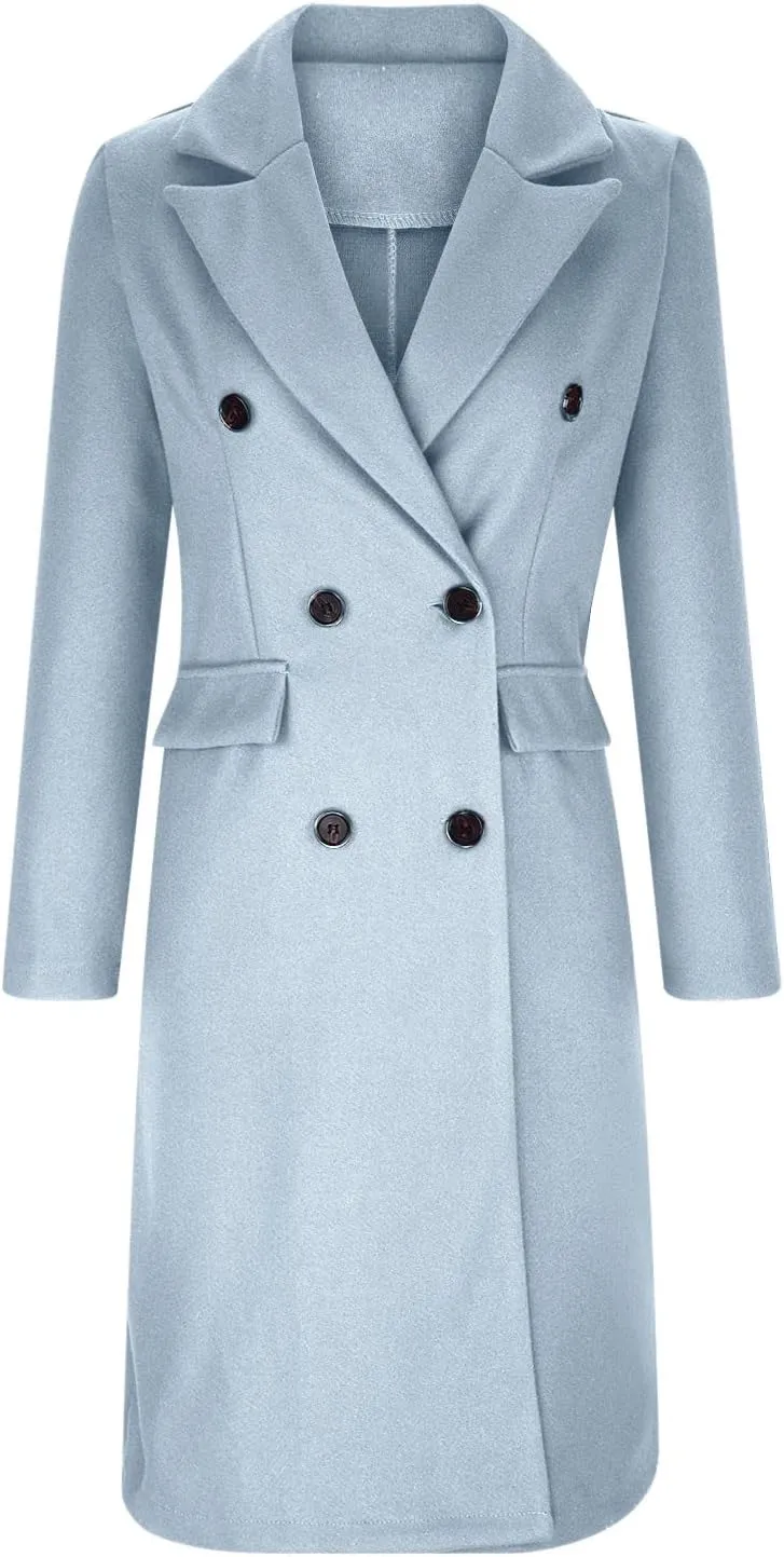 Long Trench Coat for Women Casual Double Breasted Pea Coat Winter Notched Lapel Midi Wool Coat Jacket Overcoat