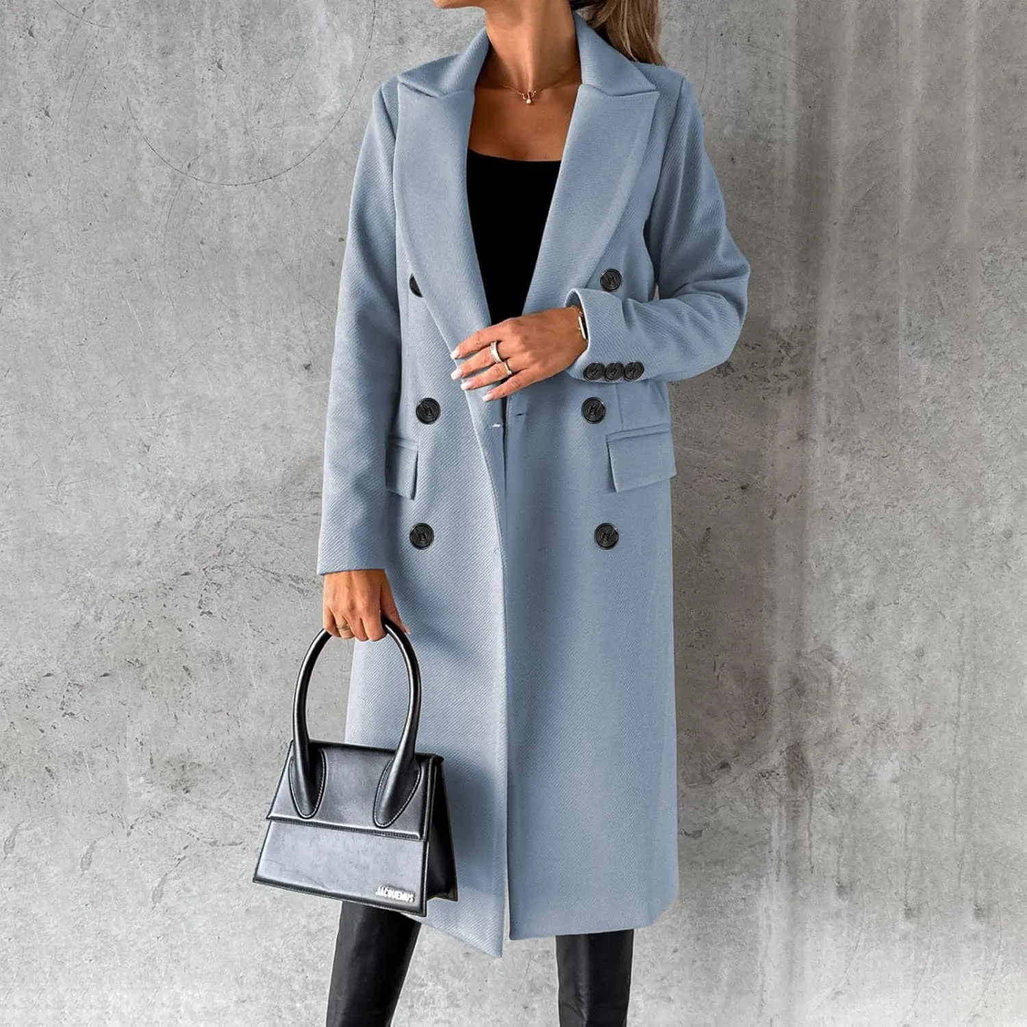 Long Trench Coat for Women Casual Double Breasted Pea Coat Winter Notched Lapel Midi Wool Coat Jacket Overcoat