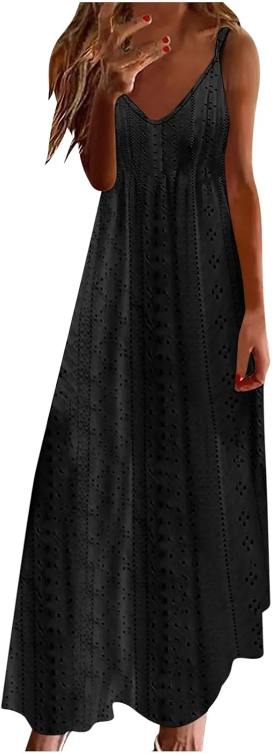 Long Womens Dress Eyelet 2025 Spring Solid Color Spaghetti Strap Maxi Dresses Sleeveless Beach Casual Comfy Sundress