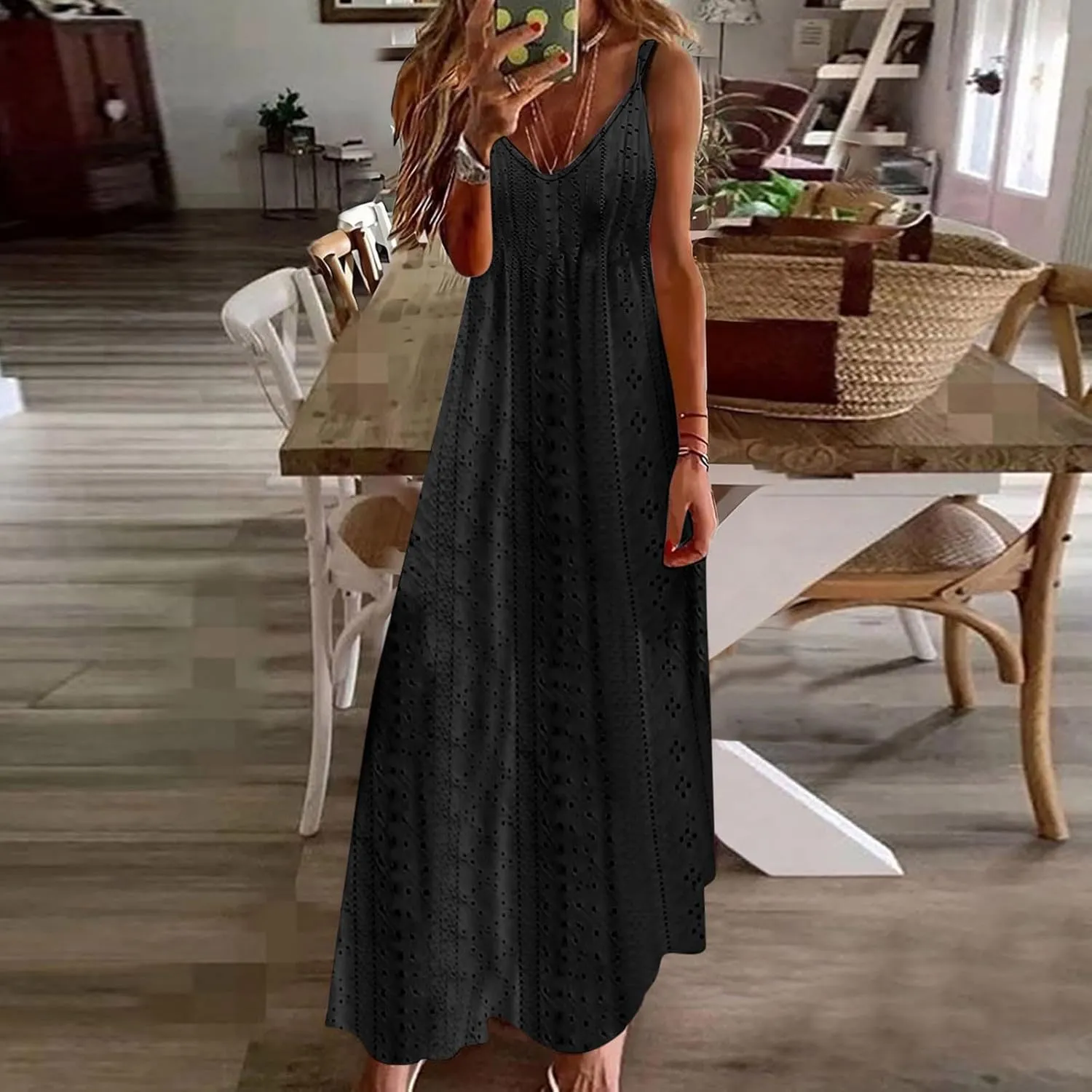 Long Womens Dress Eyelet 2025 Spring Solid Color Spaghetti Strap Maxi Dresses Sleeveless Beach Casual Comfy Sundress