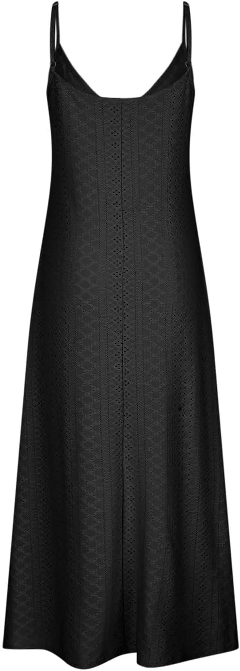 Long Womens Dress Eyelet 2025 Spring Solid Color Spaghetti Strap Maxi Dresses Sleeveless Beach Casual Comfy Sundress