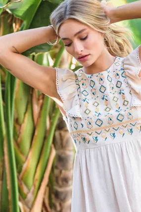Maria Embroidered Mini Dress in Taupe