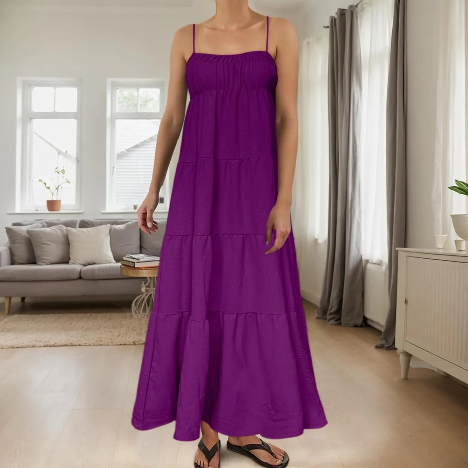 Maxi Dresses for Women 2025 Summer Spaghetti Strap Ruffle Tired Backless Sleeveless Midi Dress Beach Sundress