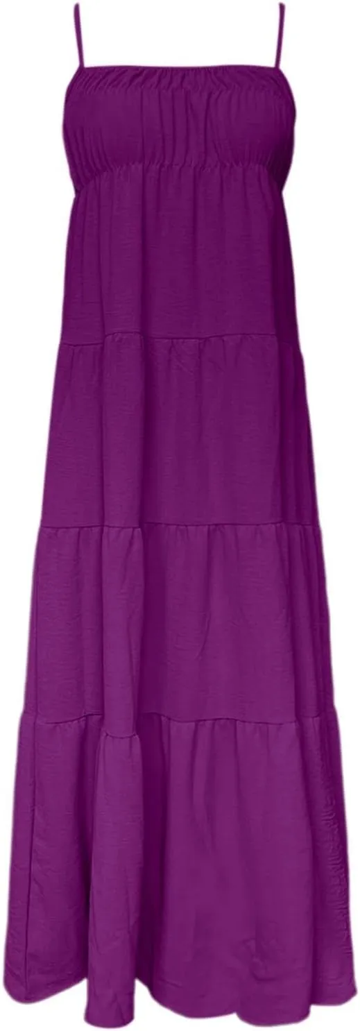Maxi Dresses for Women 2025 Summer Spaghetti Strap Ruffle Tired Backless Sleeveless Midi Dress Beach Sundress