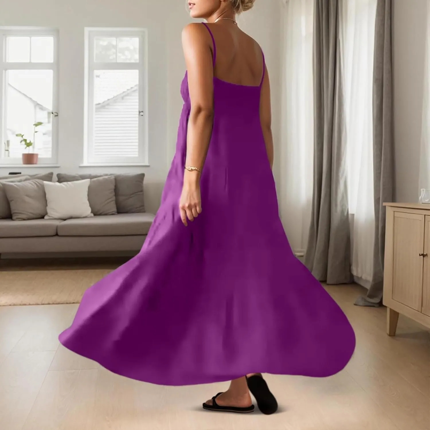 Maxi Dresses for Women 2025 Summer Spaghetti Strap Ruffle Tired Backless Sleeveless Midi Dress Beach Sundress
