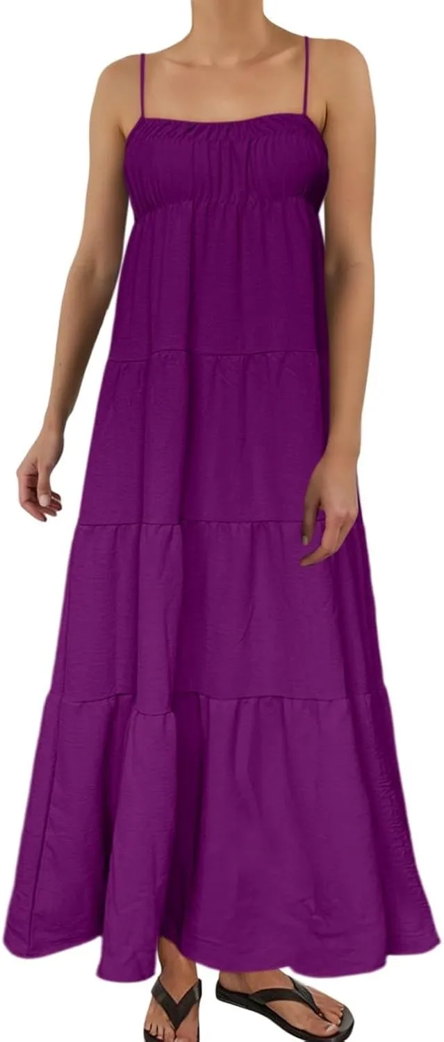 Maxi Dresses for Women 2025 Summer Spaghetti Strap Ruffle Tired Backless Sleeveless Midi Dress Beach Sundress