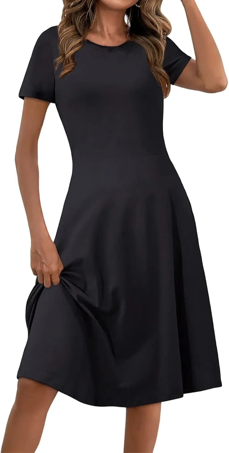 Maxi Sundresses for Women Summer Casual T Shirt Dress Business Vintage Short Sleeve High Waist Flared Midi Dresses