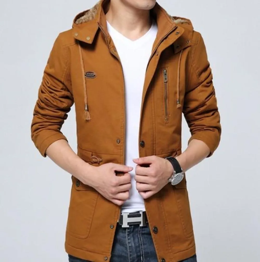 Men Classic Black Military Style Hooded Trench Coat