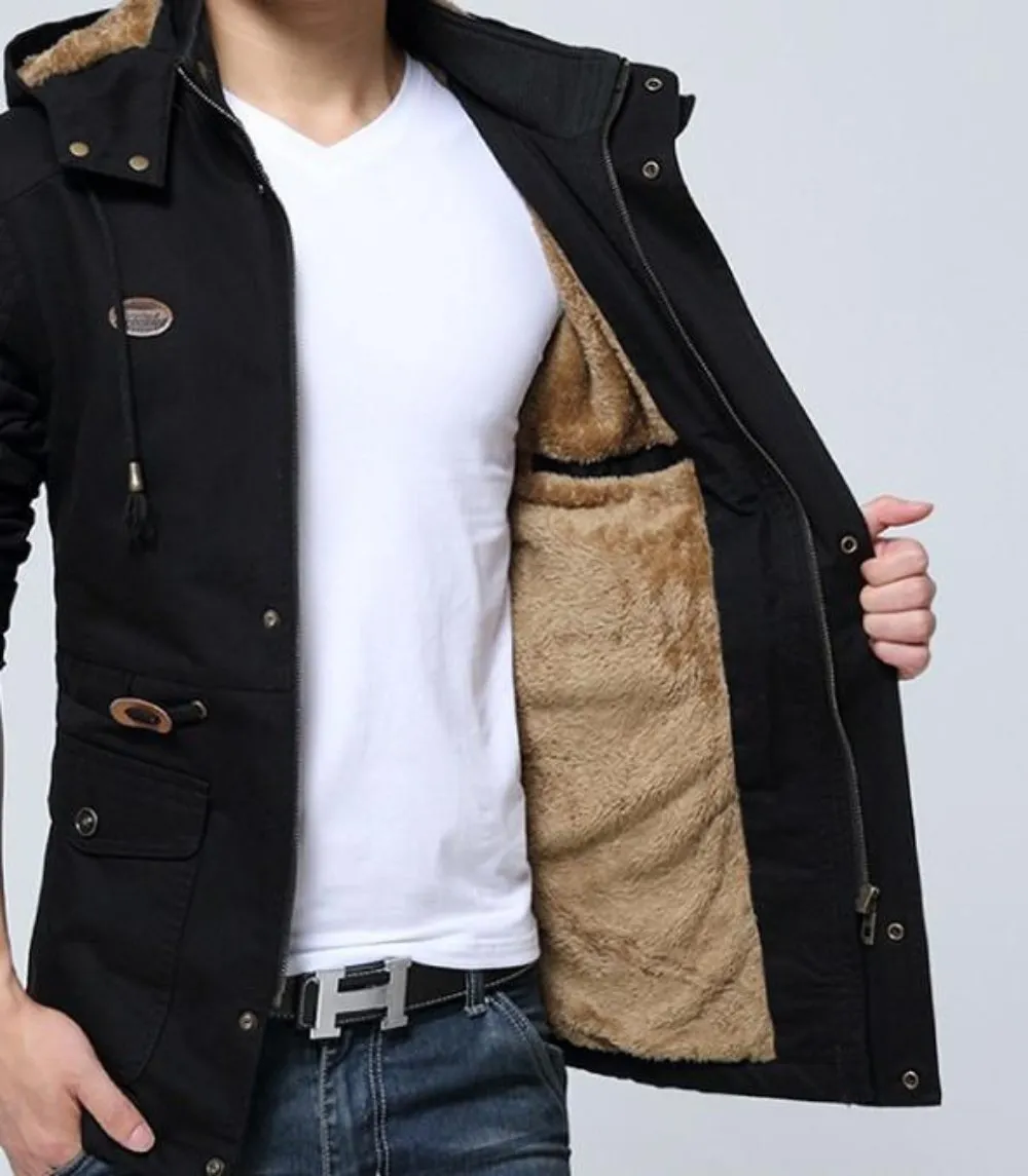 Men Classic Black Military Style Hooded Trench Coat