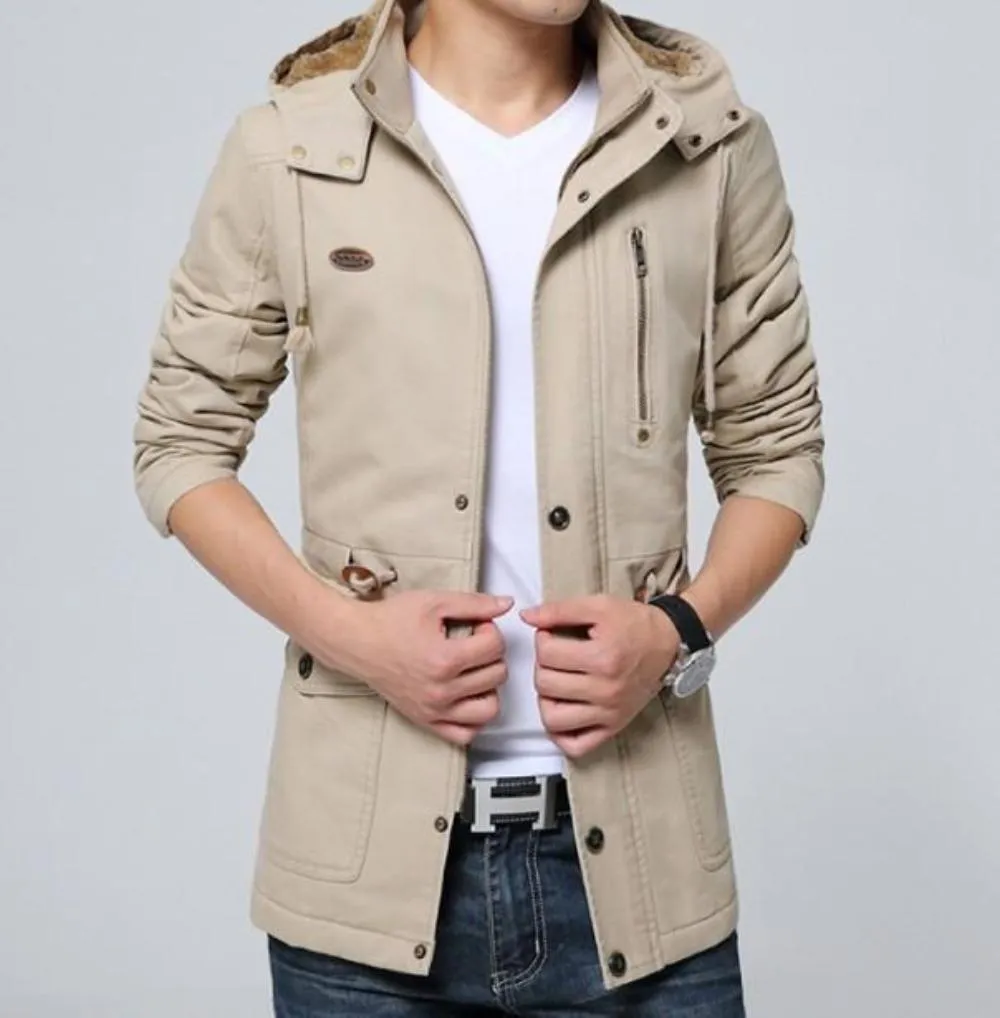 Men Classic Black Military Style Hooded Trench Coat