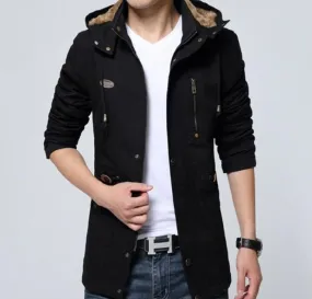Men Classic Black Military Style Hooded Trench Coat