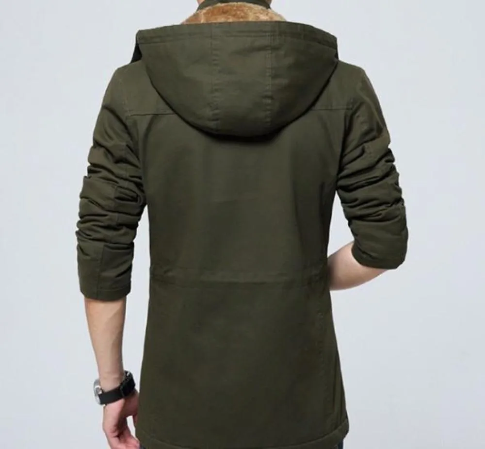 Men Classic Black Military Style Hooded Trench Coat