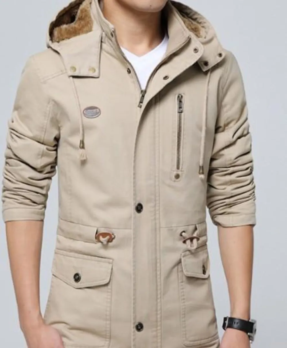 Men Classic Black Military Style Hooded Trench Coat