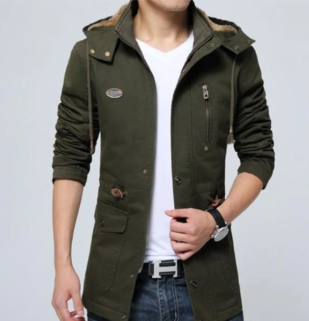 Men Classic Black Military Style Hooded Trench Coat