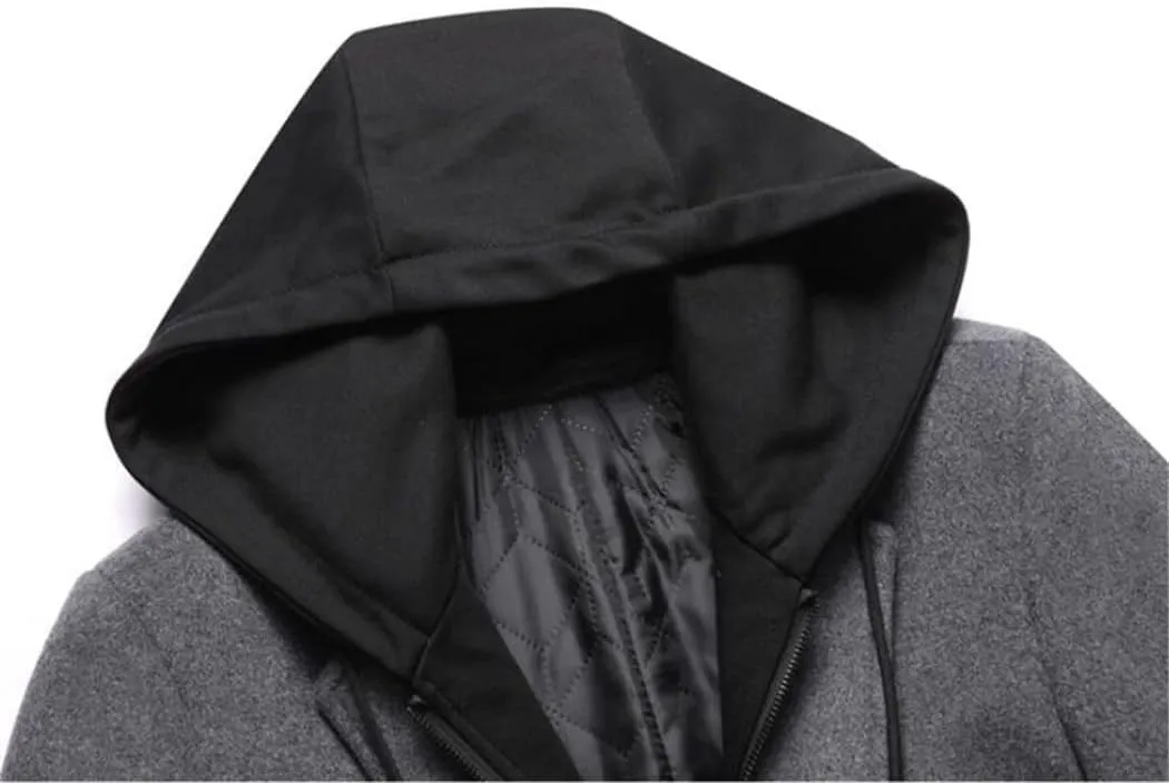 Men Wool Coat Casual Warm Detachable Hat Winter Wool Coat Mid-Length Jacket Overcoat Single Breasted