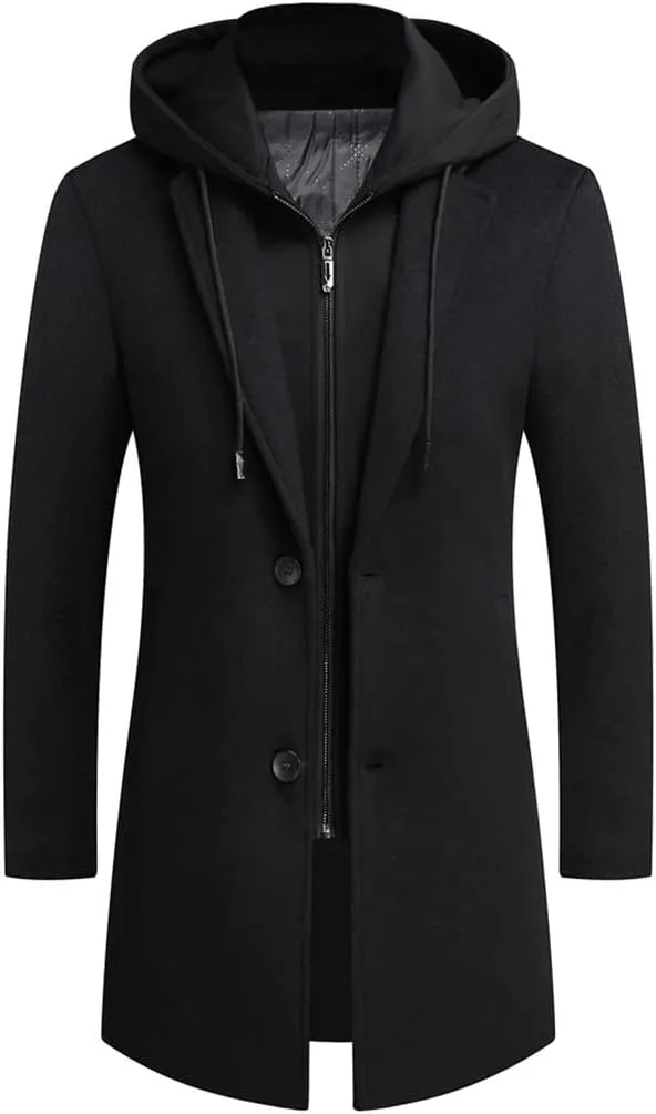 Men Wool Coat Casual Warm Detachable Hat Winter Wool Coat Mid-Length Jacket Overcoat Single Breasted