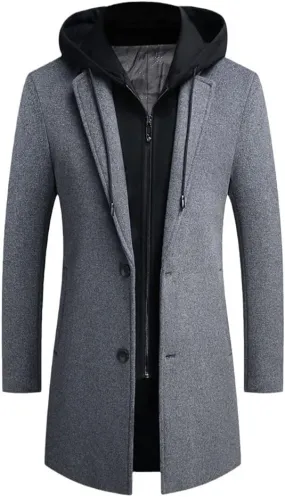 Men Wool Coat Casual Warm Detachable Hat Winter Wool Coat Mid-Length Jacket Overcoat Single Breasted