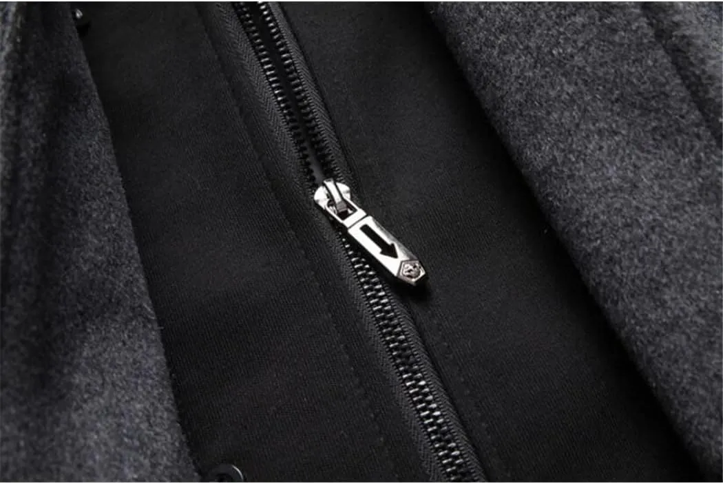 Men Wool Coat Casual Warm Detachable Hat Winter Wool Coat Mid-Length Jacket Overcoat Single Breasted